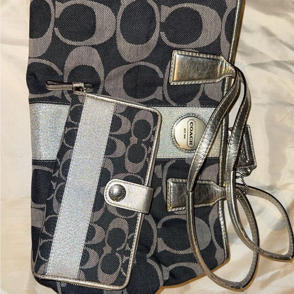 Coach Black and Silver Signature Shoulder Bag